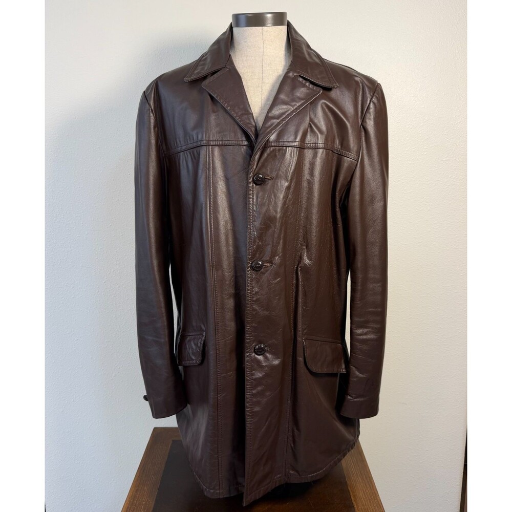 Vintage 1970s Men’s Brown Leather Car Coat Jacket Button Up Mid Length Retro XL